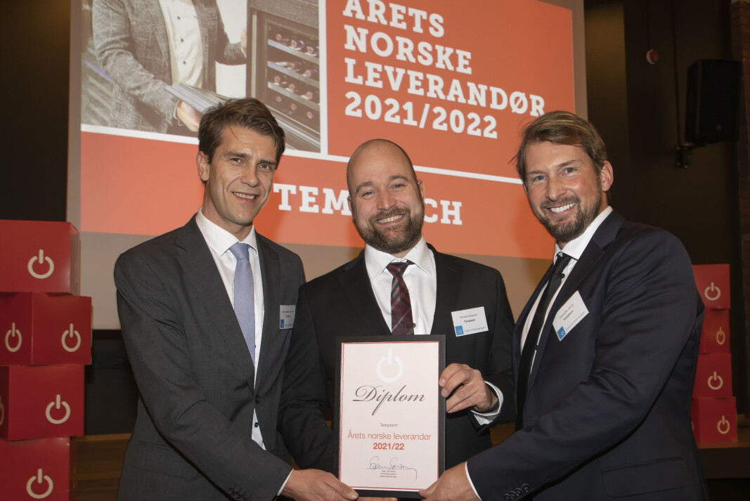 Carsten Andreas Foyn Bruun (f. v.), Armand Gustavson og Christoffer Hamer i Temptech, som ble kåret til årets norske leverandør. Foto: Tore Skaar Carsten Andreas Foyn Bruun (f. v.), Armand Gustavson og Christoffer Hamer i Temptech, som ble kåret til årets norske leverandør. Foto: Tore Skaar