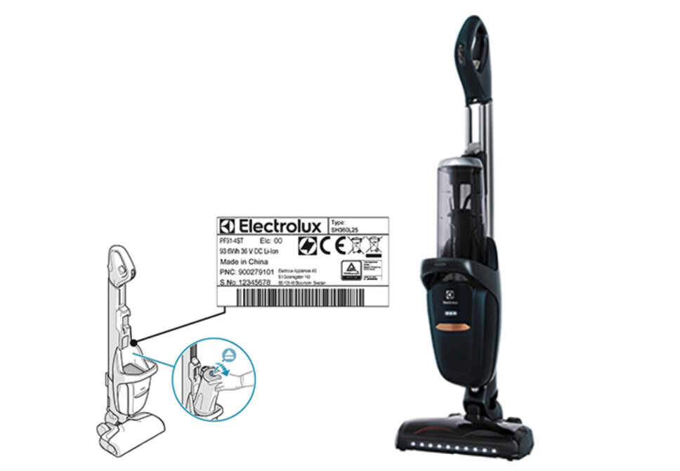 Produktnummeret (PNC) og serienummer (SN) er oppført på etiketten som er plassert bak syklonenheten på Pure F9. Illustrasjon: Electrolux