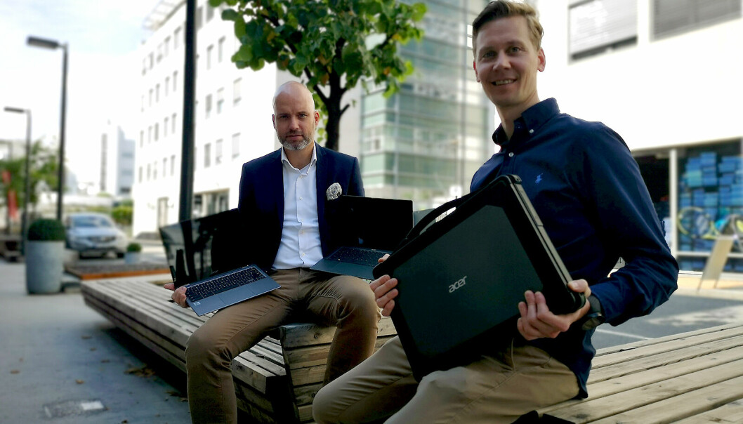 Stig-Ove Langø (t.v), nordisk salgssjef i Acer tror på fortsatt gaming-vekst. Her sammen med Robin Frugaard Jørgensen, nordisk nøkkelkundeansvarlig i Acer, ved en tidligere lansering.