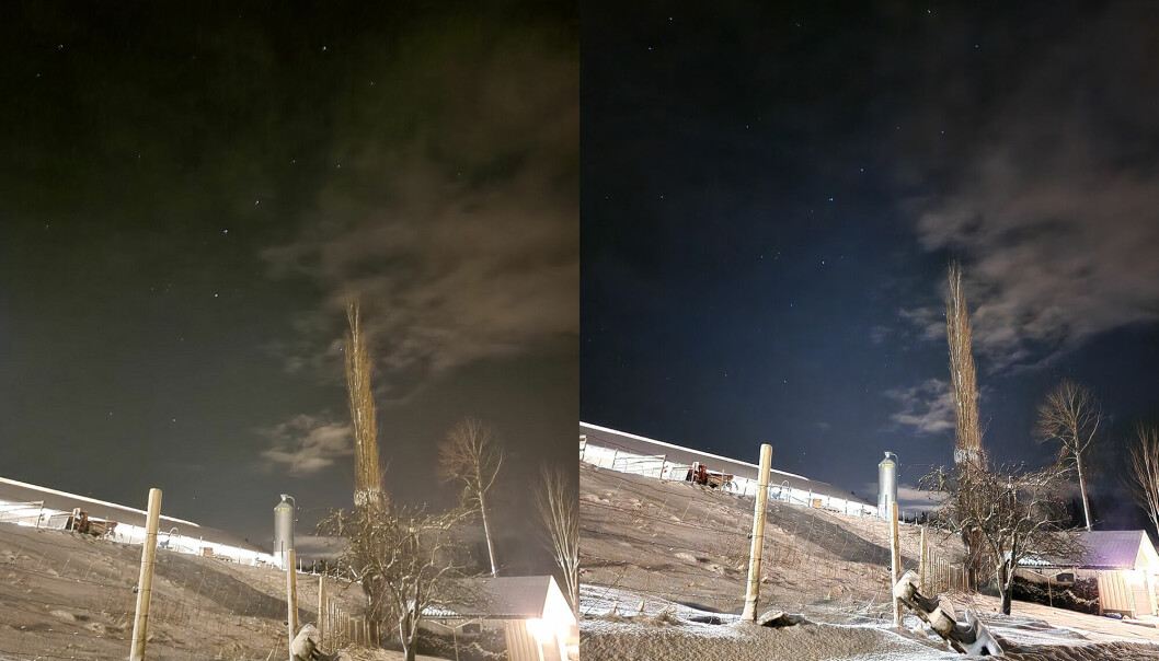 Samsungs mann har tatt disse nattbildene på hjemgården Daling Østre i Ronglan i Levanger. Til venstre S21 Ultra, til høyre S22 Ultra. Foto: Petter Worum Daling