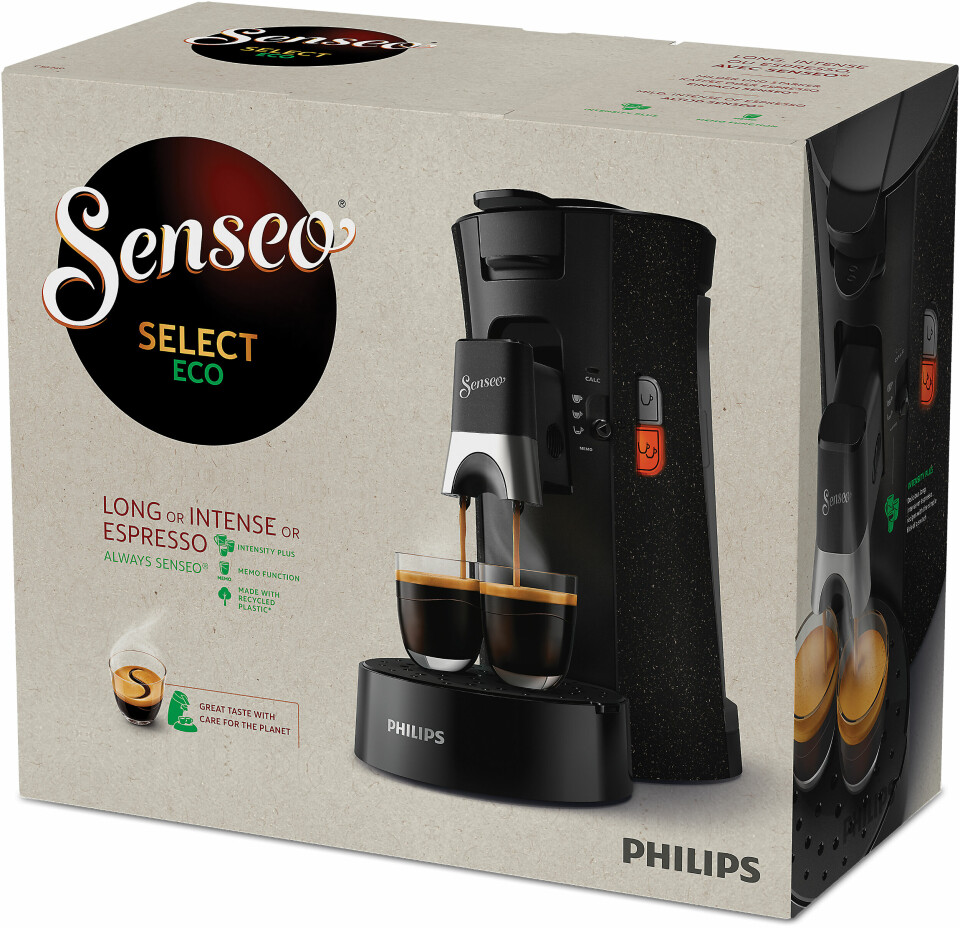 Senseo Select Eco er laget i resirkulerte materialer, og har en miljøvennlig emballasje. Pris: 900,- Foto: Senseo