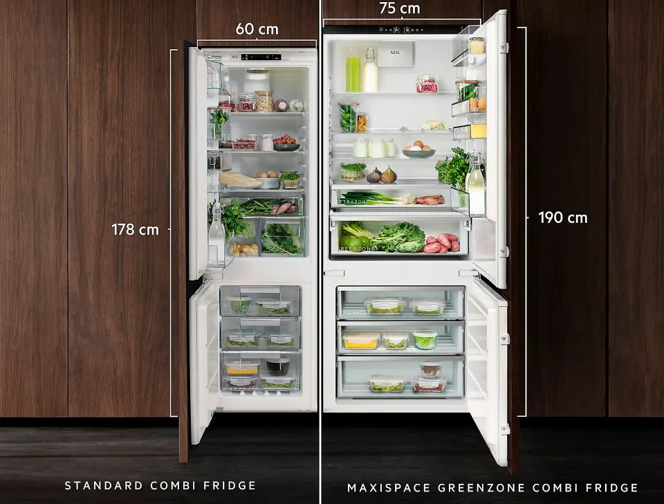 Slik illustrerer Electrolux forskjellen på kapasiteten i deres nye integrerte kombiskap for 75 cm nisje (t. h.) og et standard 60-skap. Foto: Electrolux Slik illustrerer Electrolux forskjellen på kapasiteten i deres nye integrerte kombiskap for 75 cm nisje (t. h.) og et standard 60-skap. Foto: Electrolux