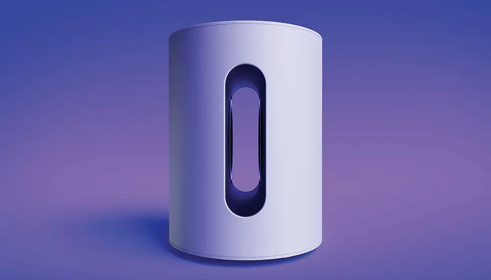 Sub Mini er 30,5 cm høy og har en diameter på 23 cm. I en åpen spalte (19x5 cm) spiller to 6-tommers basselementer mot hverandre. Foto: Sonos Sub Mini er 30,5 cm høy og har en diameter på 23 cm. I en åpen spalte (19x5 cm) spiller to 6-tommers basselementer mot hverandre. Foto: Sonos