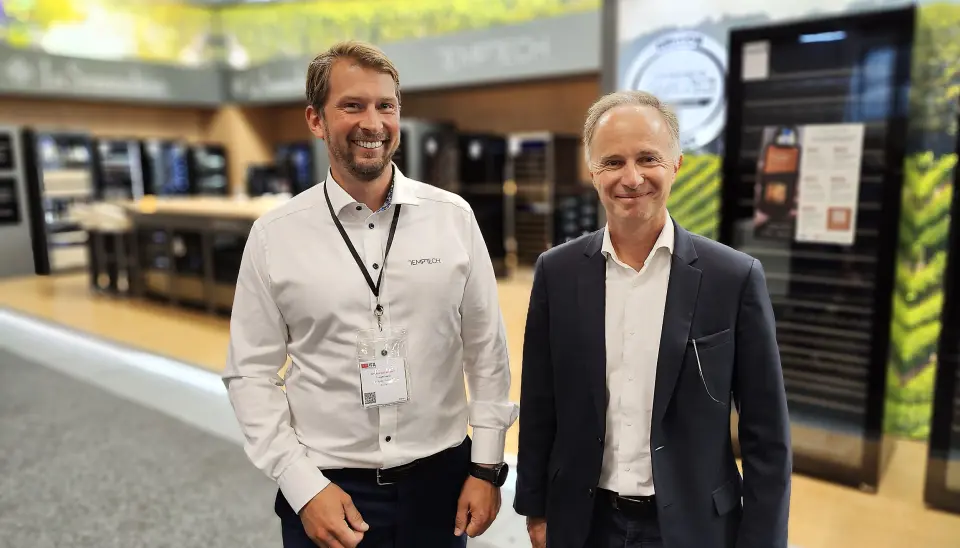 Temptech-sjef Christoffer Hamer (t .v.) og konsernsjef Didier Grychta i Frio Group på IFA-messen. Foto: Stian Sønsteng Temptech-sjef Christoffer Hamer (t .v.) og konsernsjef Didier Grychta i Frio Group på IFA-messen. Foto: Stian Sønsteng