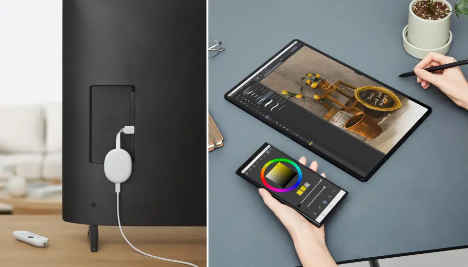 Chromecast med Google TV og Samsung Galaxy Tab S8-serien er kåret til «Årets dataprodukt 2022/2023». Foto: leverandørene Chromecast med Google TV og Samsung Galaxy Tab S8-serien er kåret til «Årets dataprodukt 2022/2023». Foto: leverandørene