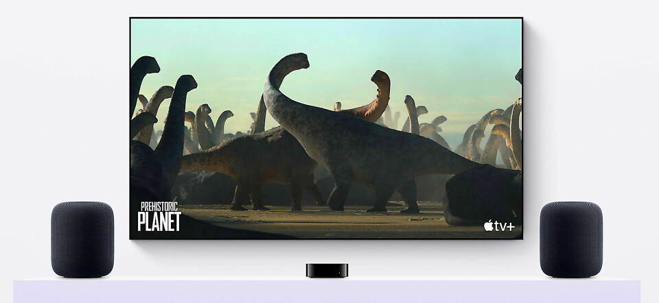 To HomePod koplet opp til Apple TV 4K skal gi Dolby Atmos-lyd. Foto: Apple