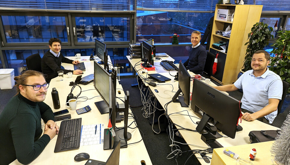Niklas Valkonen (f. v.), Klemen Tausic, Jesper Storm og Kenneth Hansen ved hovedkontoret til Gorenje Group Nordic. Foto: Stian Sønsteng