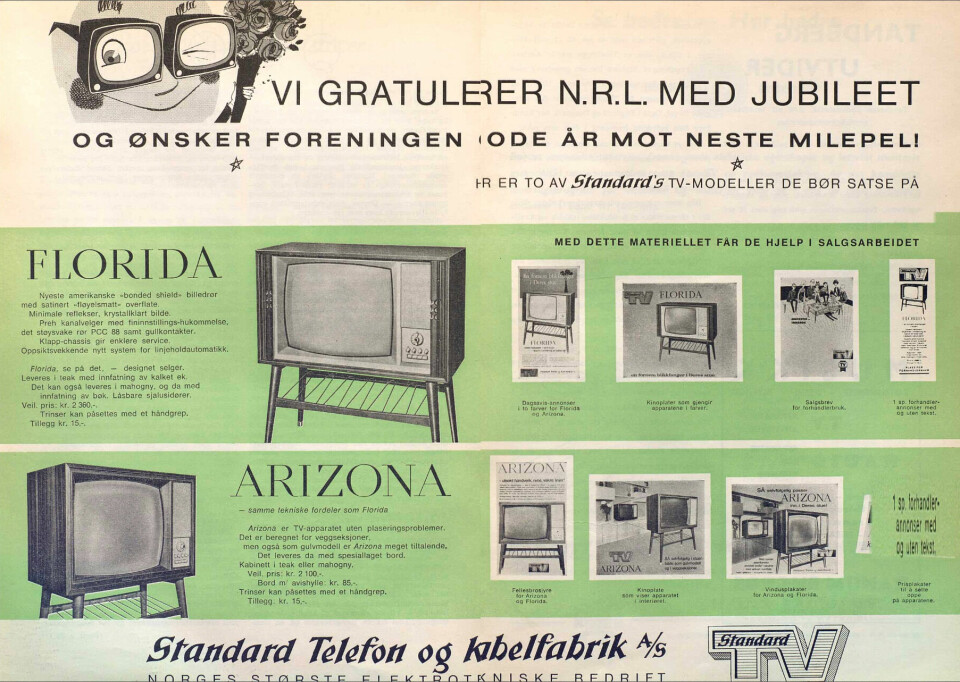 Standard Telefon og kabelfabrik gratulerte jubilanten med en annonse over to sider. Faksimile Radio-TV nr. 1/1963