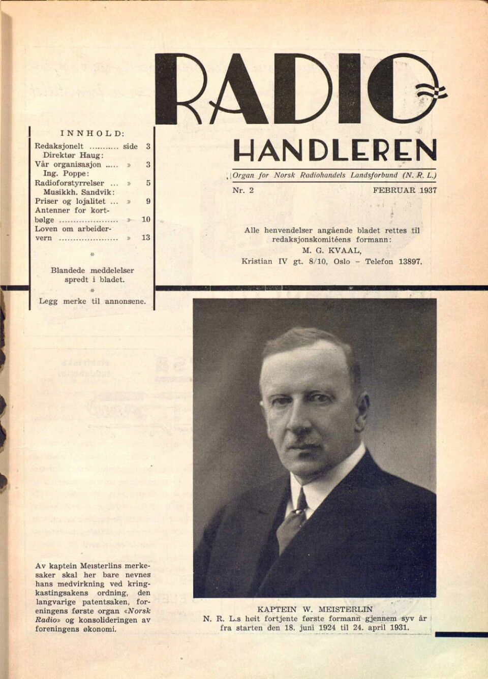 Radiohandleren nr. 2/1937 mangler i vårt historiske arkiv de to første omslagssidene. Skjermdump fra elektronikkbransjen.no/historiskarkiv.