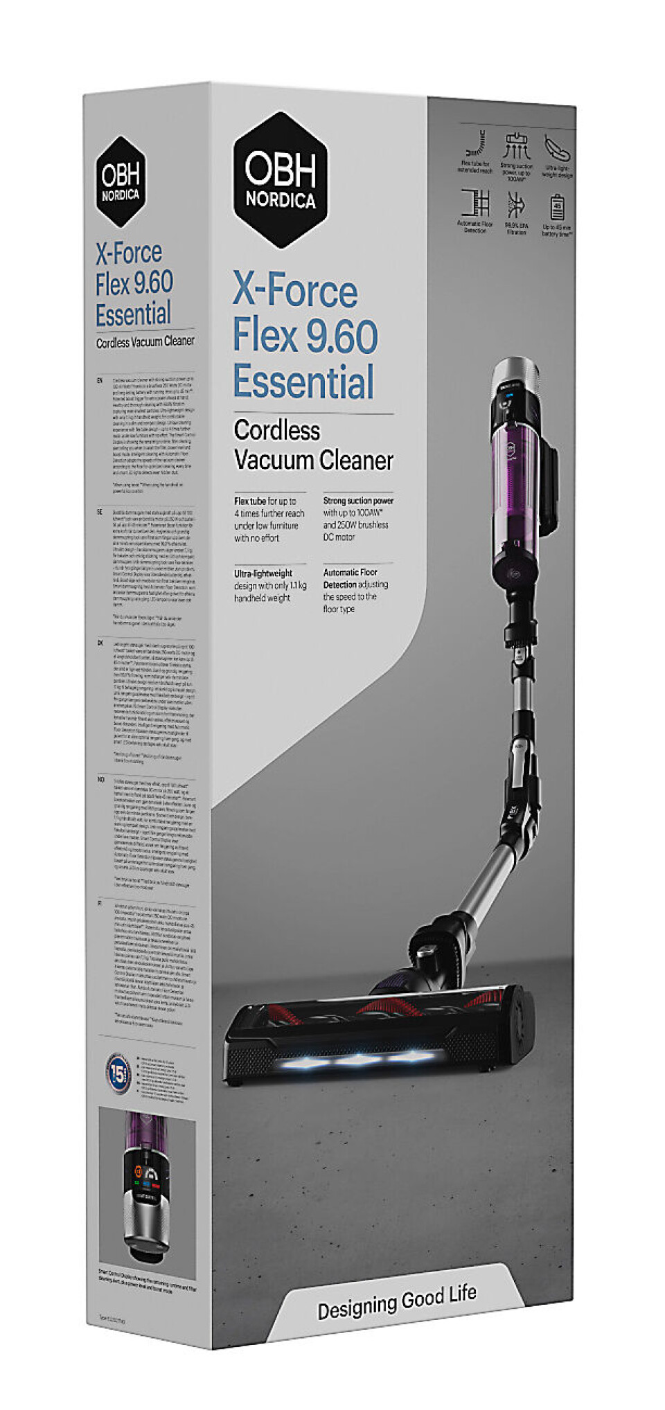 OBH Nordica lanserer jubileumsåret et nytt visuelt design, som her på esken til stavstøvsugeren X-Force Flex 9.60 Essential. Foto: OBH Nordica