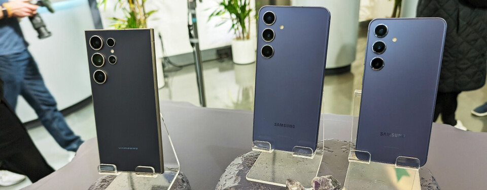 Samsung Galaxy S24 Ultra (f. v.), S24+ og S24. Foto: Stian Sønsteng