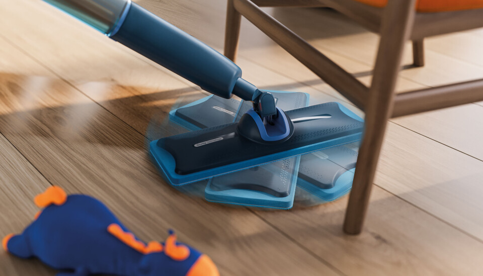 Philips OneUp er hengslet og fungerer som en tradisjonell mopp, men er elektrisk og tilfører rent vann og suger opp skittent vann. Foto: Philips